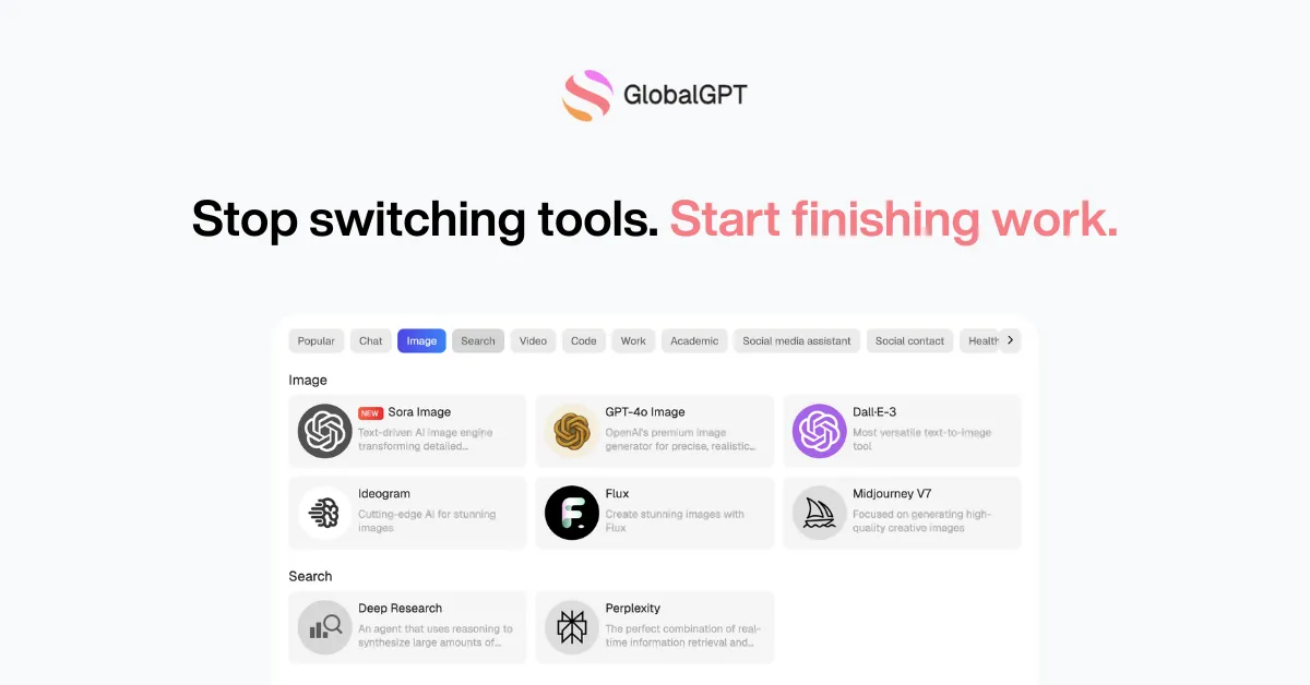 GlobalGPT – แพลตฟอร์ม AI ครบวงจร รวม 100+ โมเดลชั้นนำ (GPT-5, Claude 4, Midjourney, Veo 3 และอีกมากมาย) 1 เดือน - Image 3