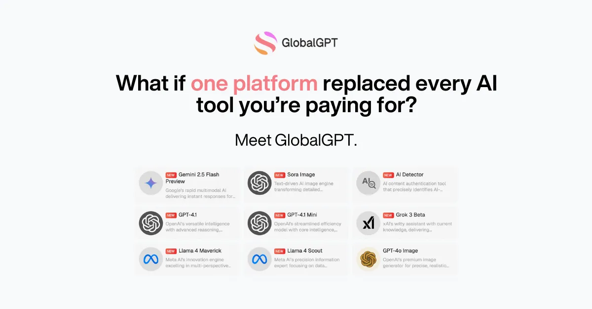 GlobalGPT – แพลตฟอร์ม AI ครบวงจร รวม 100+ โมเดลชั้นนำ (GPT-5, Claude 4, Midjourney, Veo 3 และอีกมากมาย) 1 เดือน
